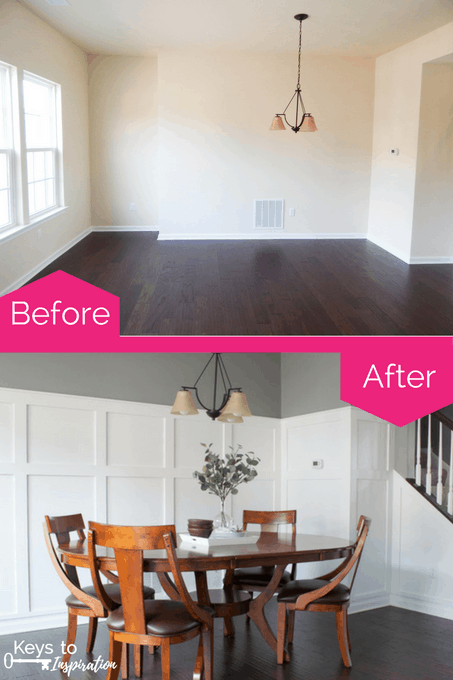 How to define a space with board and batten. A full tutorial for a budget friendly board and batten wall. This completely transformed the look of this dining room.