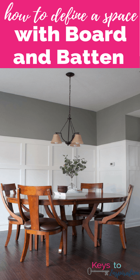 How to define a space with board and batten. A full tutorial for a budget friendly board and batten wall. This completely transformed the look of this dining room.