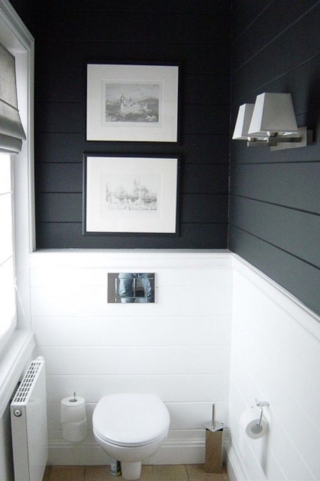 modern black and white bathroom with shiplap