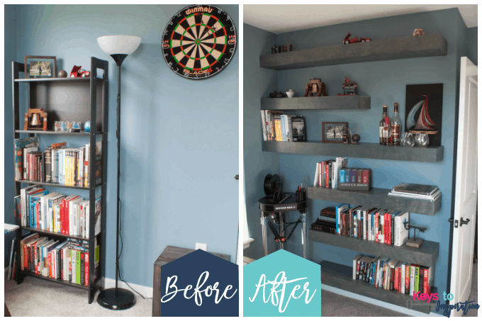 Step by step tutorial for building amazing floating shelves for an industrial masculine office. These only cost her $150 to build!