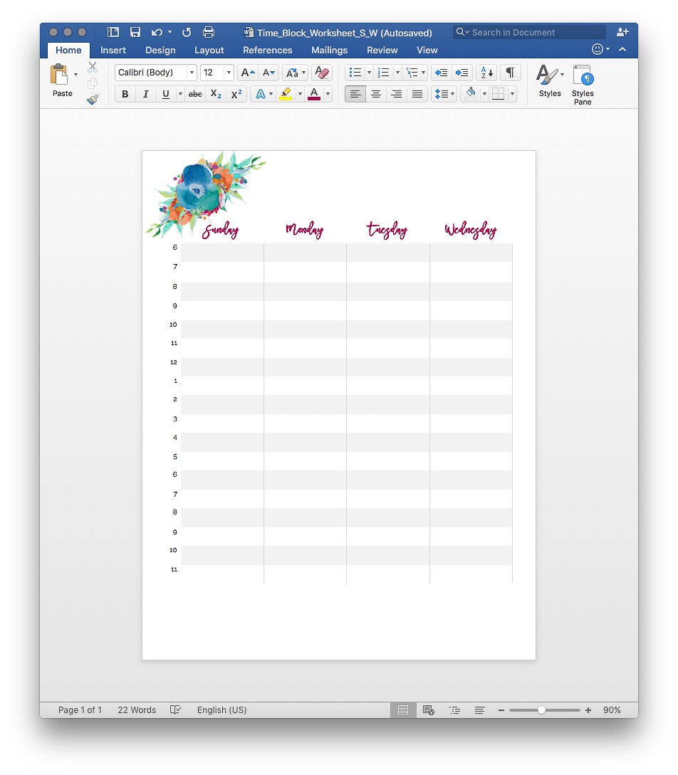 Great tutorial for making your own time block worksheets in Microsoft Word. Great for time management!