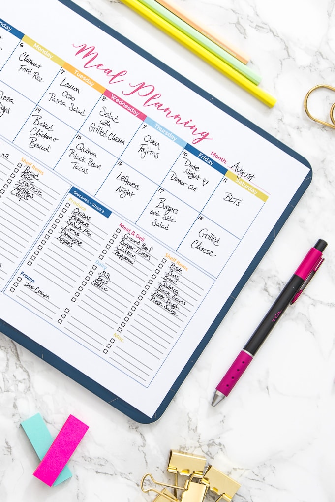 close up of colorful printable meal planner