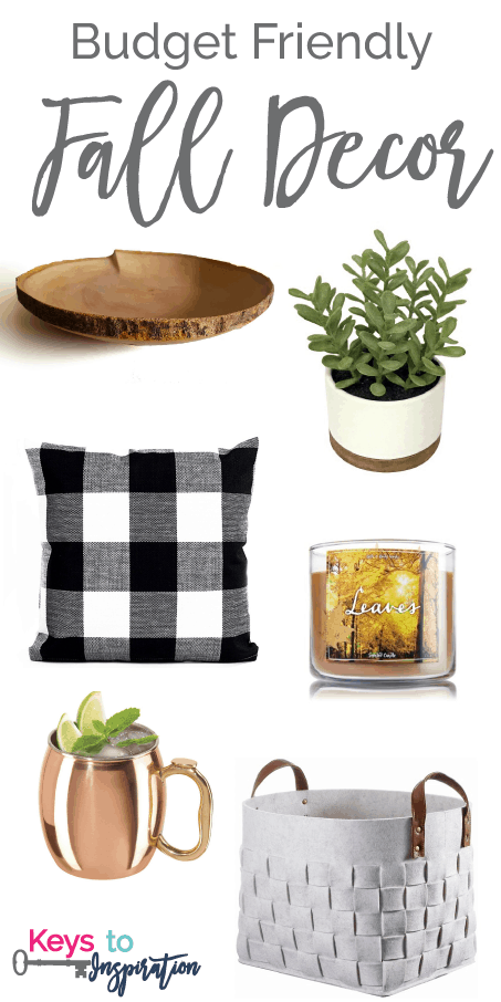 A collage of Budget Friendly Fall Decor captures the essence of autumn with items like a wooden plate, a potted succulent, a black and white checkered pillow, a candle, a copper mug with a lime wedge, and a white woven storage basket with handles.