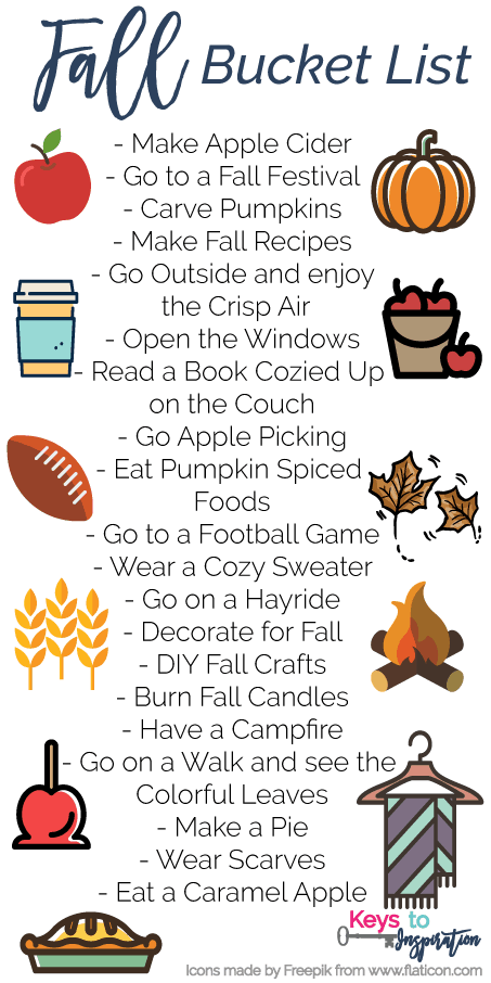 A "Fall Bucket List" graphic with text and icons for activities including making apple cider, attending a fall festival, crafting, apple picking, football games, hayrides, fall DIY crafts, bonfires, going for walks, and more. The Fall Bucket List text is decorated with autumn-themed illustrations.