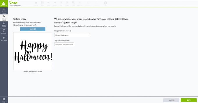 How to upload an svg in Cricut Design Space. I really love this hand-lettered Happy Halloween image!