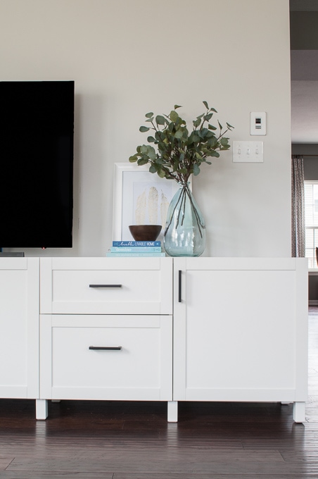 How to choose modern hardware for a media center. Get a built-in look on a budget using IKEA BESTA cabinets and affordable hardware from Amazon.