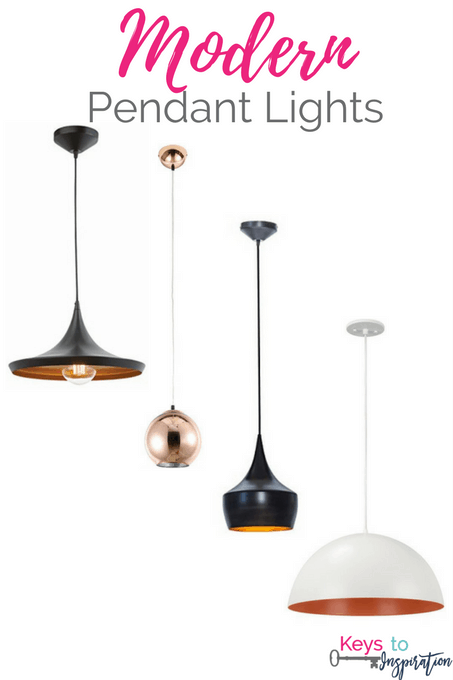 A selection of four Modern Pendant Lights is displayed against a white background. They include a black wide-brimmed light, a small copper spherical light, a black cylindrical light, and a white dome-shaped light. The text "Modern Pendant Lights" is at the top.