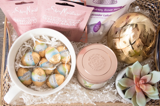 Great ideas for a grown up Easter basket. Easter ideas for adults. This basket is filled with all sorts of indulgences like spa items and chocolate!
