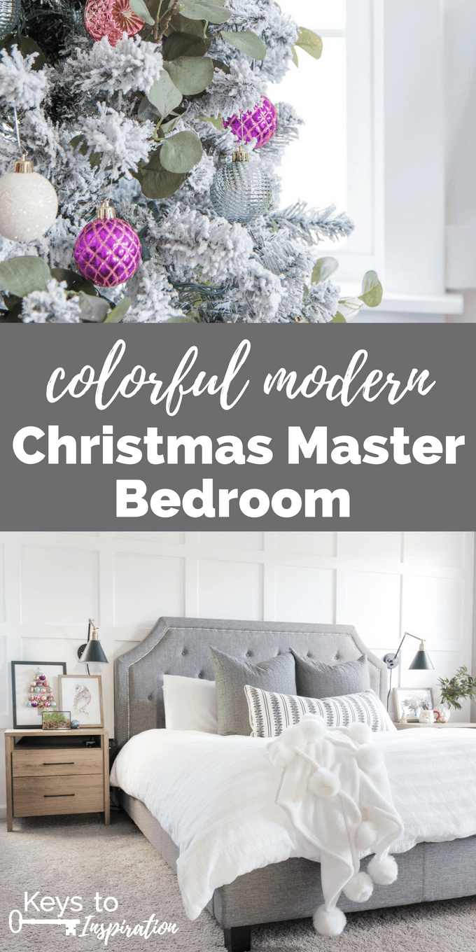 Colorful modern Christmas master bedroom. Bright and fun colors make this room look wintery and festive for the holidays!