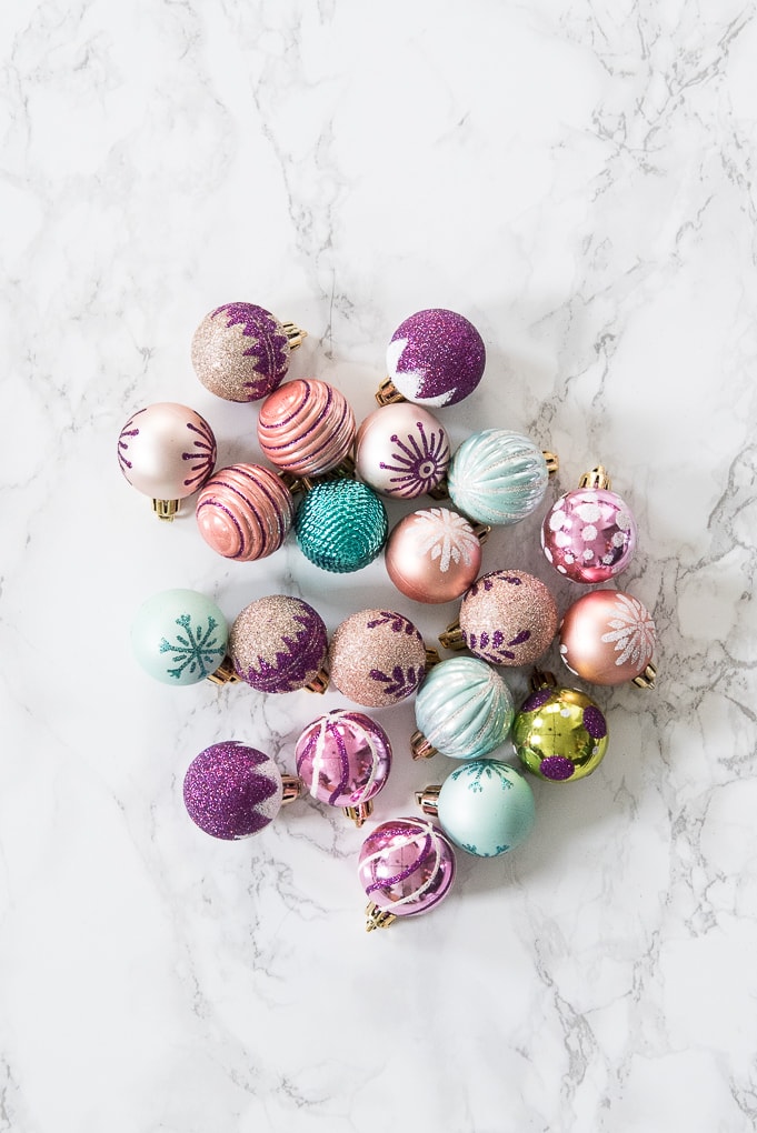 DIY Christmas Tree Ornament Art. Create a bright and modern art piece using Christmas ornaments. See other DIY home decor ideas in the Handmade Holidays Blog Hop!