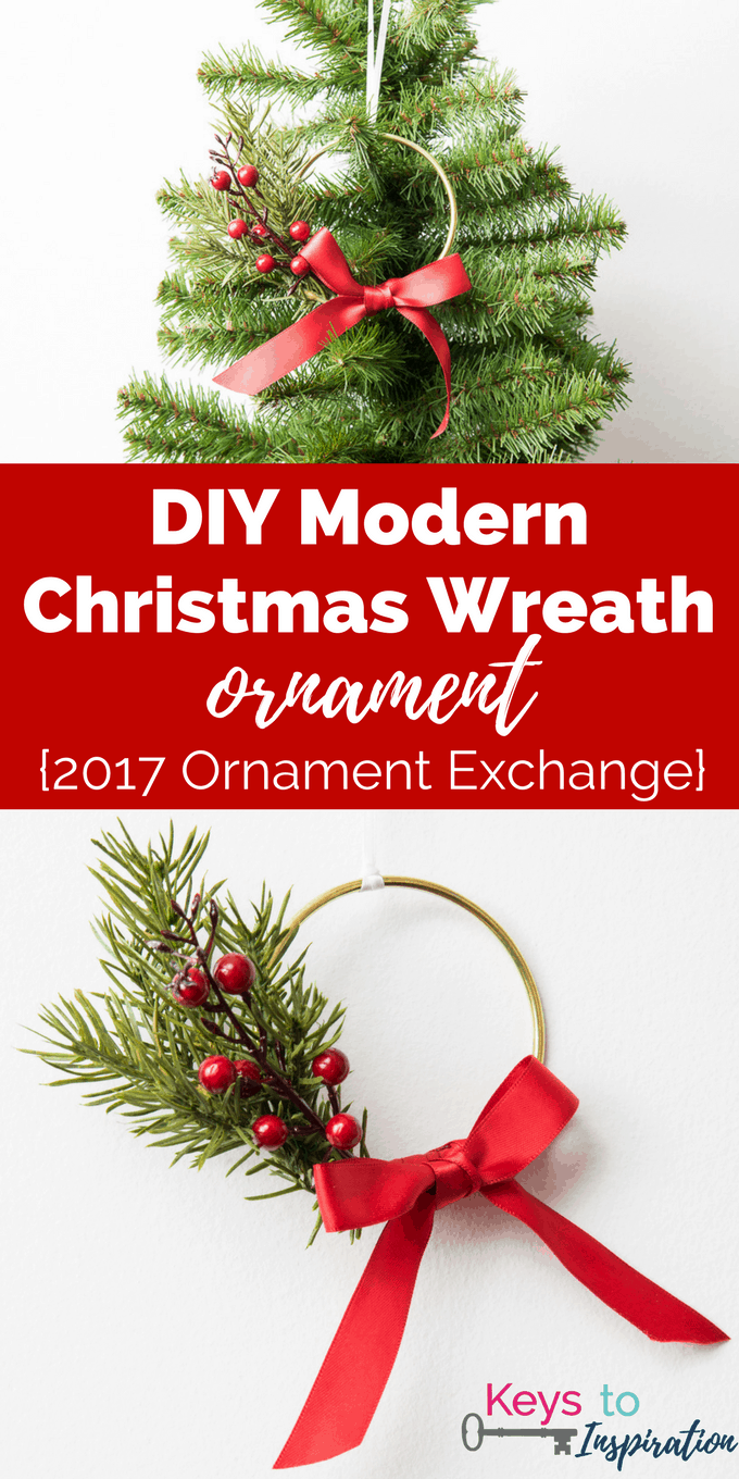 DIY Modern Christmas Wreath Ornament. Create this mini version of a modern gold wreath with faux greenery. Super easy tutorial for a cute ornament. 