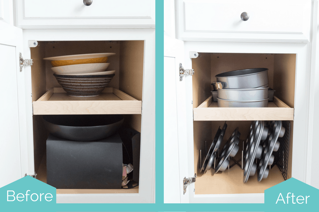 Organized kitchen cabinets and drawers. Functional and practical solutions for kitchen organizing problems. Get rid of the clutter and learn exactly what organizing products to buy.