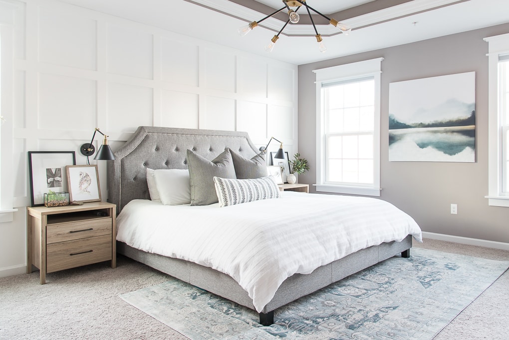 I’m so excited to give you a tour of our modern classic master bedroom! We tried to make it really relaxing and beautiful at the same time, with a mix of DIY projects, a few new pieces, and some decorative accents. Come on in and take the grand tour!