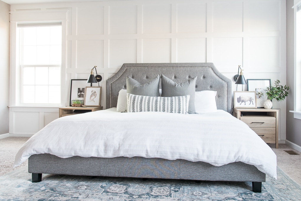 I’m so excited to give you a tour of our modern classic master bedroom! We tried to make it really relaxing and beautiful at the same time, with a mix of DIY projects, a few new pieces, and some decorative accents. Come on in and take the grand tour!