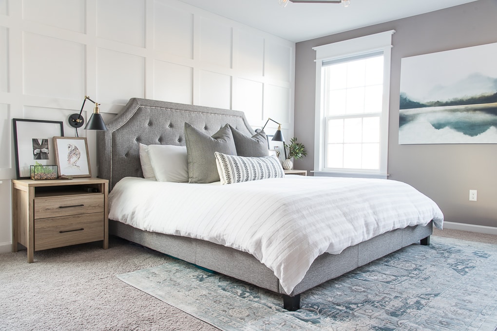 I’m so excited to give you a tour of our modern classic master bedroom! We tried to make it really relaxing and beautiful at the same time, with a mix of DIY projects, a few new pieces, and some decorative accents. Come on in and take the grand tour!