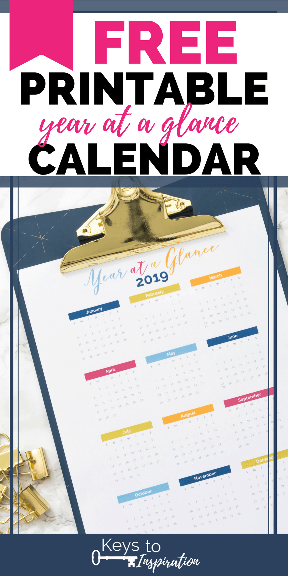 2019 year at a glance calendar on a clipboard