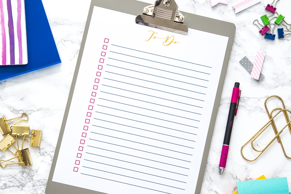 blank to-do list printable on a desk with a pen