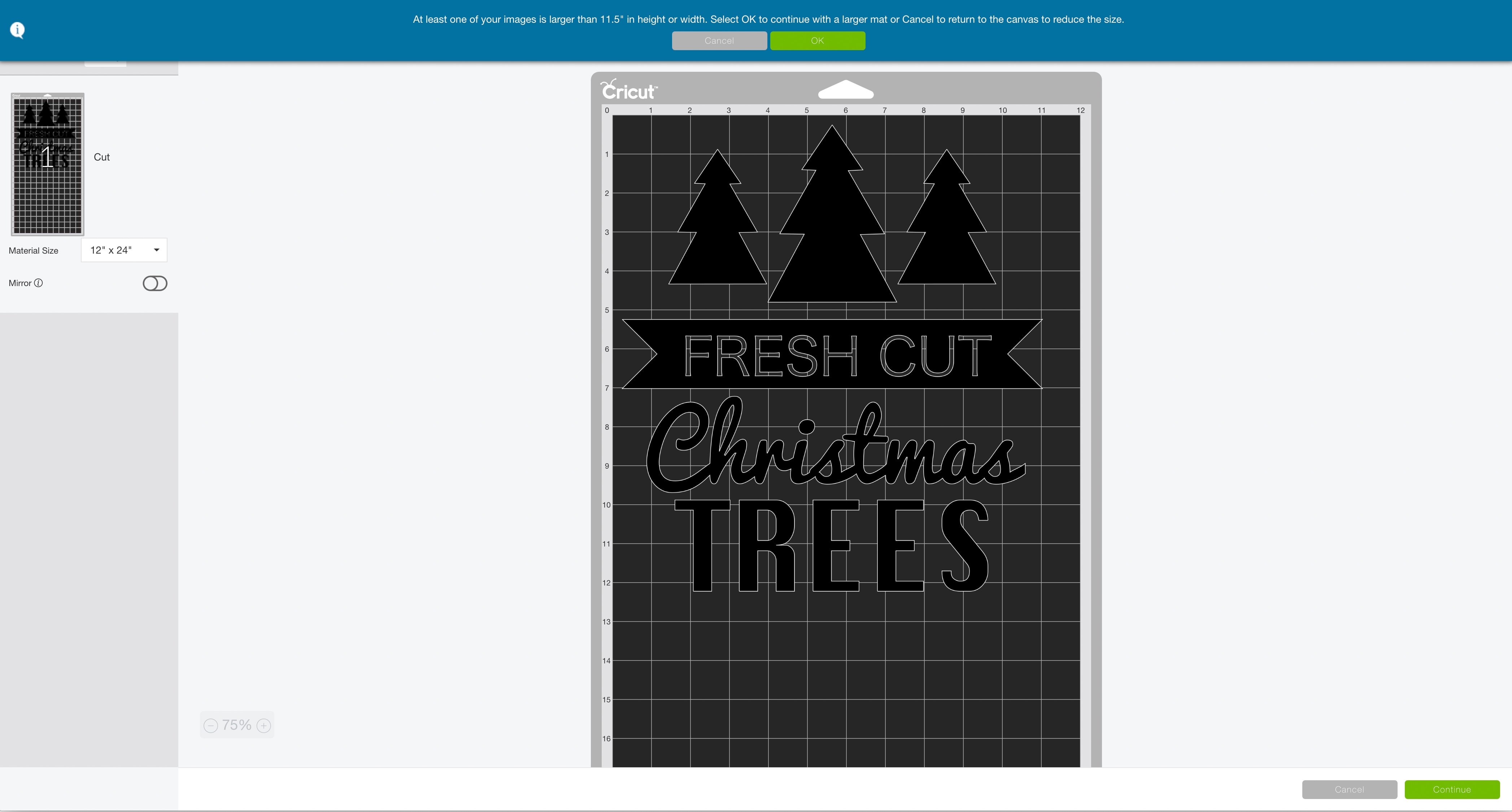 mat preview screen Cricut Design Space fresh cut Christmas trees pillow
