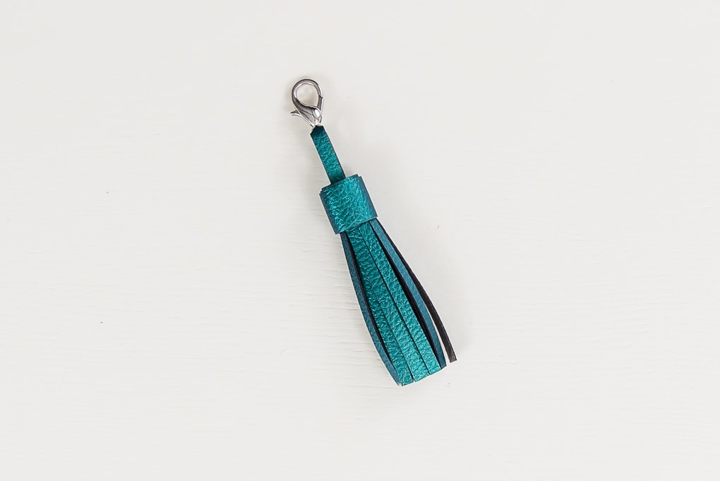 finished teal faux leather tassel keychain
