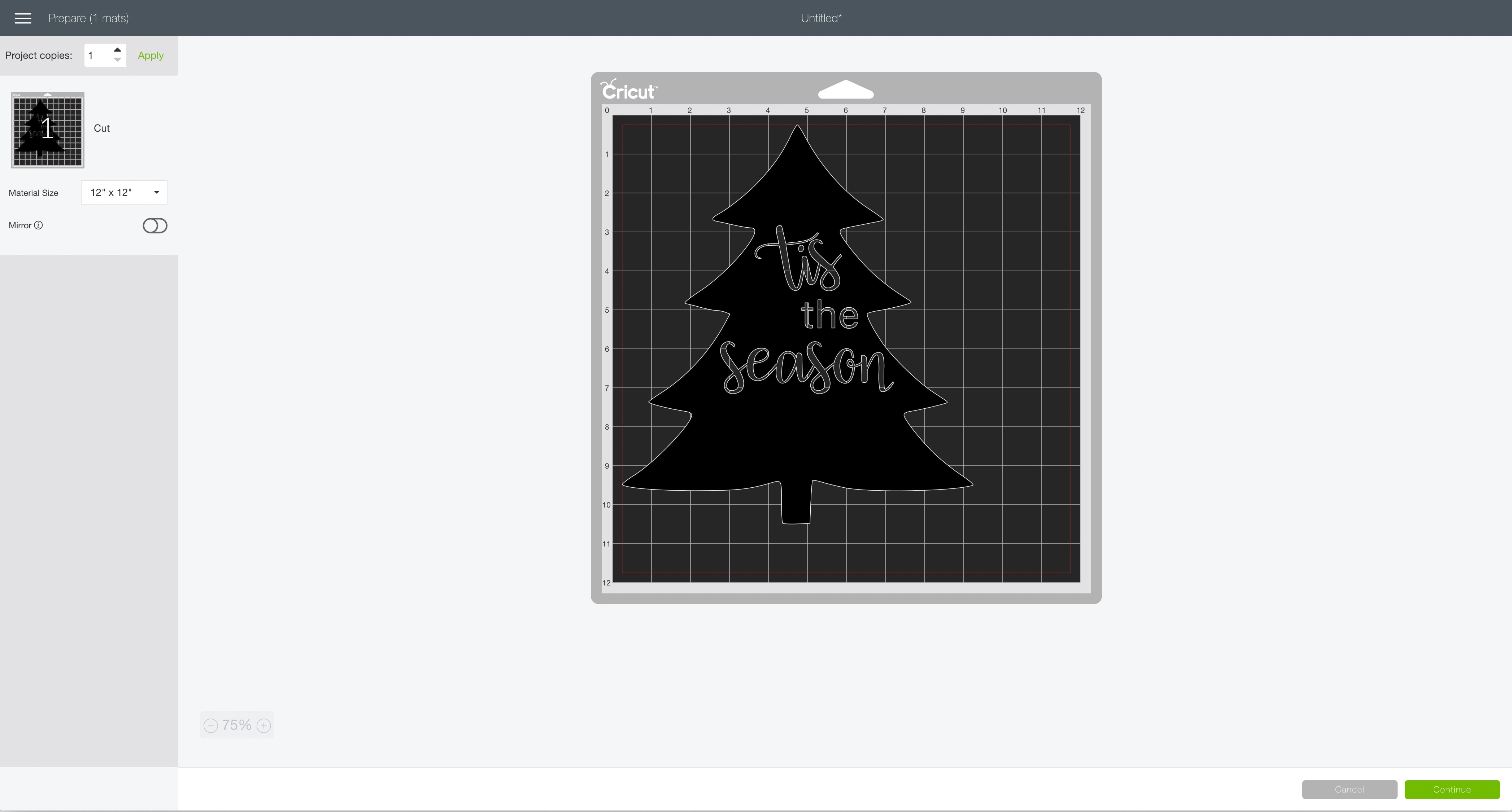 mat preview screen Cricut Design Space tis to season tree sign