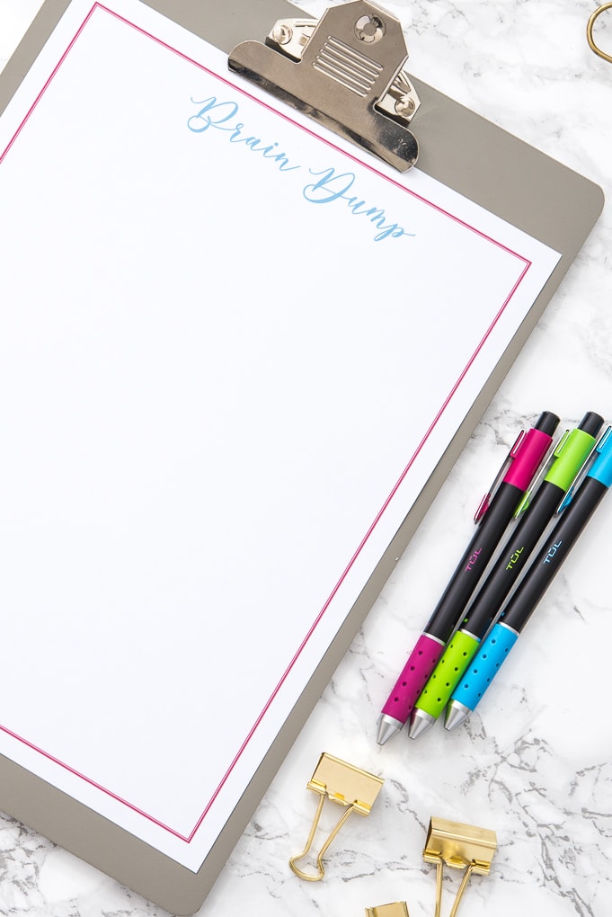 blank free printable brain dump worksheet with colorful pens