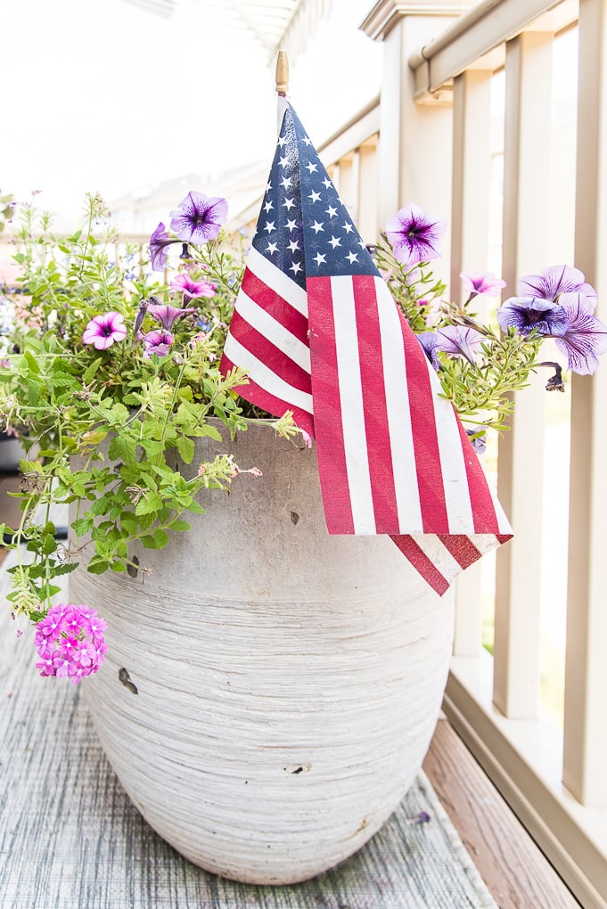 modern outdoor planter gray with flowers and American flag