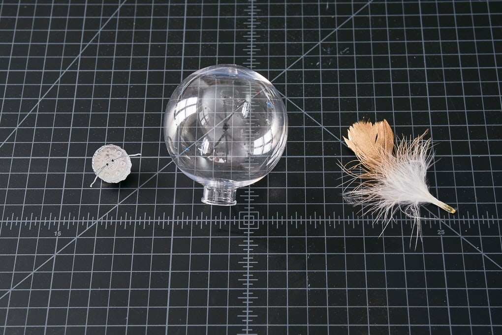 clear ornament with gold-dipped feather