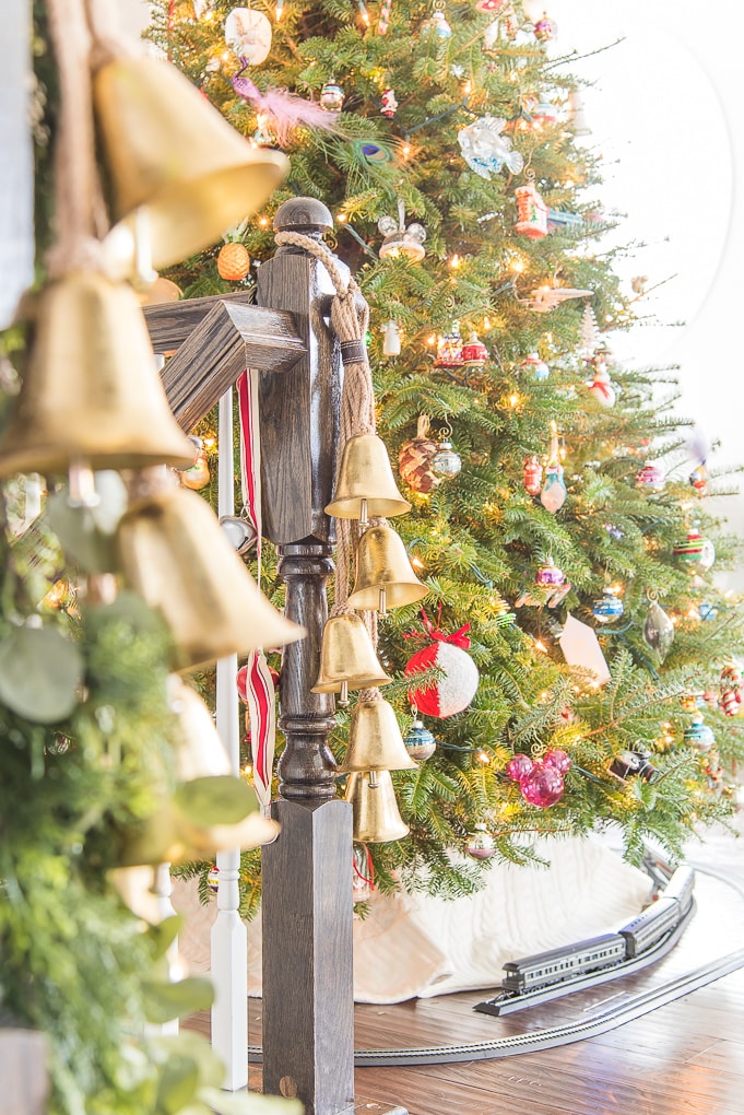 golden bells Christmas decor in living room