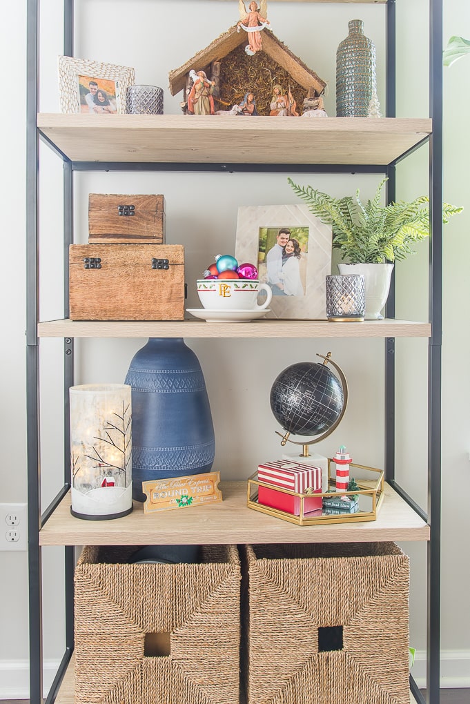 accent shelves decorated for Christmas