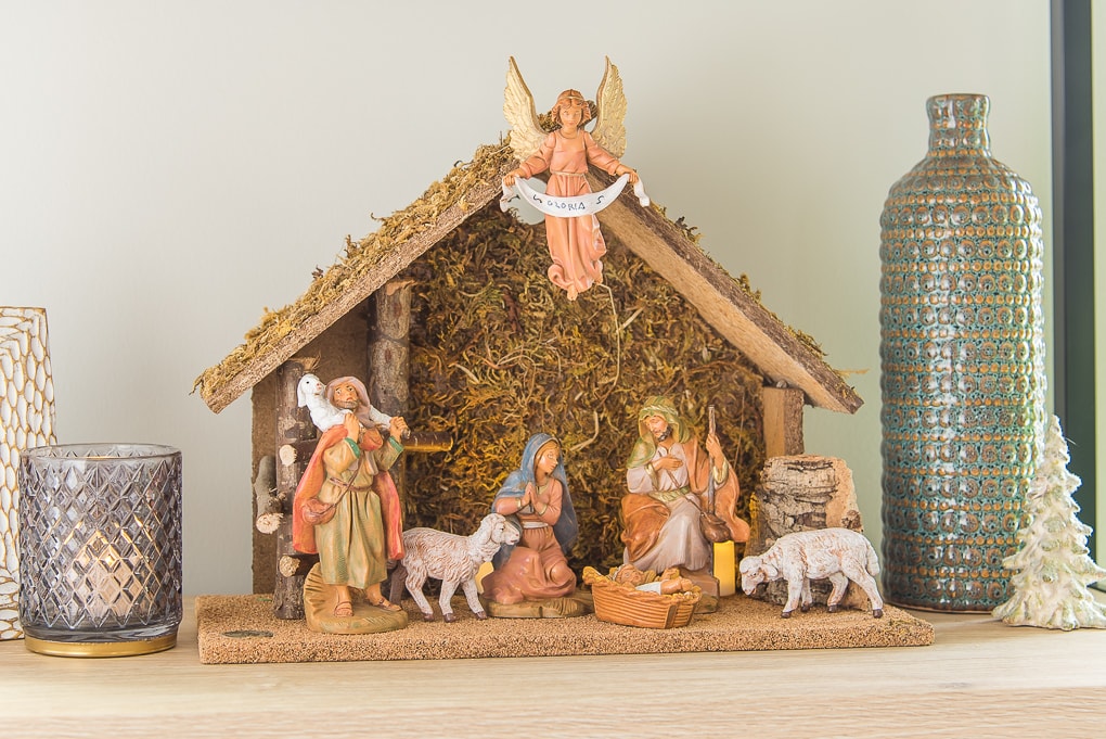 traditional nativity scene on shelf for Christmas