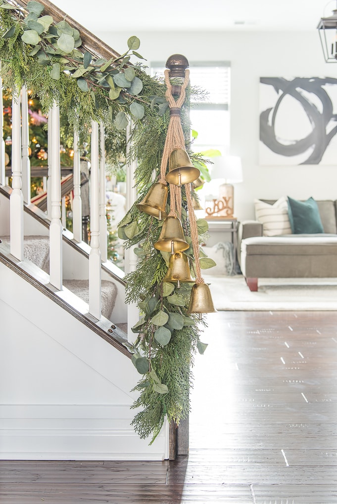 faux greenery Christmas garland with eucalyptus and gold bells