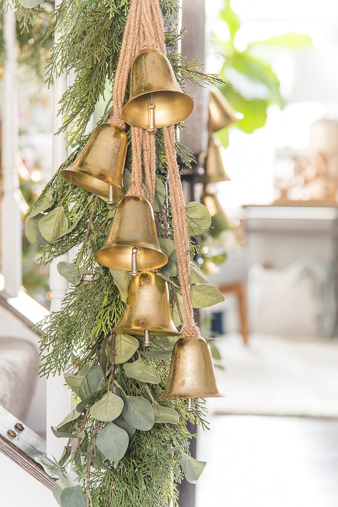 faux eucalyptus greenery with gold Christmas bells