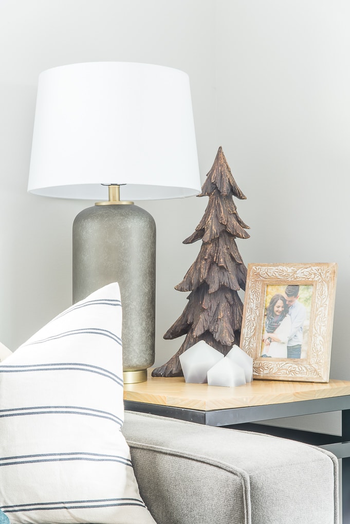 Wooden Christmas tree accent decor on end table