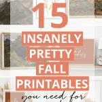 A collage displays various fall-themed printables featuring autumn leaves, landscapes, and typography. Overlaid text reads, "15 Insanely Pretty Fall Printables You Need For Your Decor." The background images include natural elements in warm, earthy tones—perfect for showcasing your favorite fall printable art.