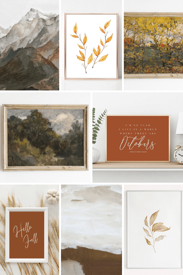 A collage of autumn-themed framed art and prints, featuring Fall Printable Art. It includes mountain landscapes, fall foliage, abstract art, and quotes. Dominant colors are earthy tones like brown, beige, and orange. Text includes "Hello Fall" and "I'm so glad I live in a world where there are Octobers.