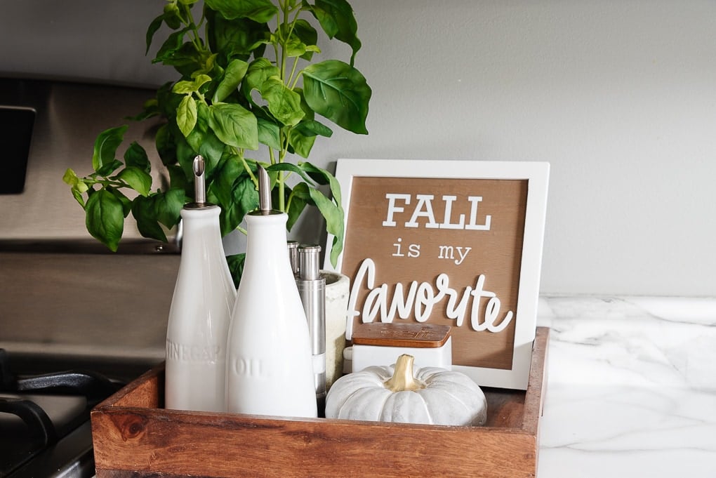 autumn kitchen tray with oil and vinegar containers and fall sign