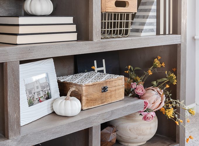small white pumpkins on decorative bookshelves