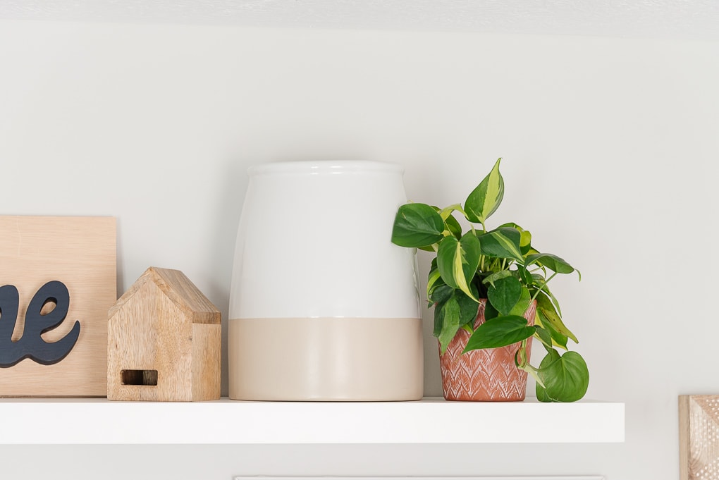 white ceramic vase and orange vase with a plant on a shelf