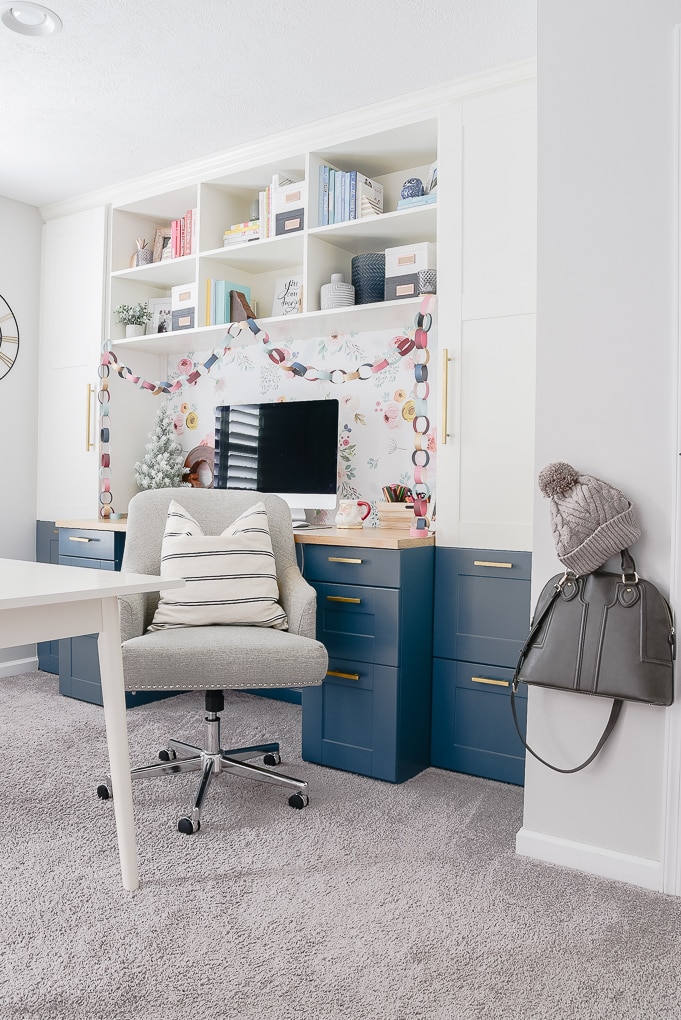 home office ikea hack decorated with colorful Christmas decorations