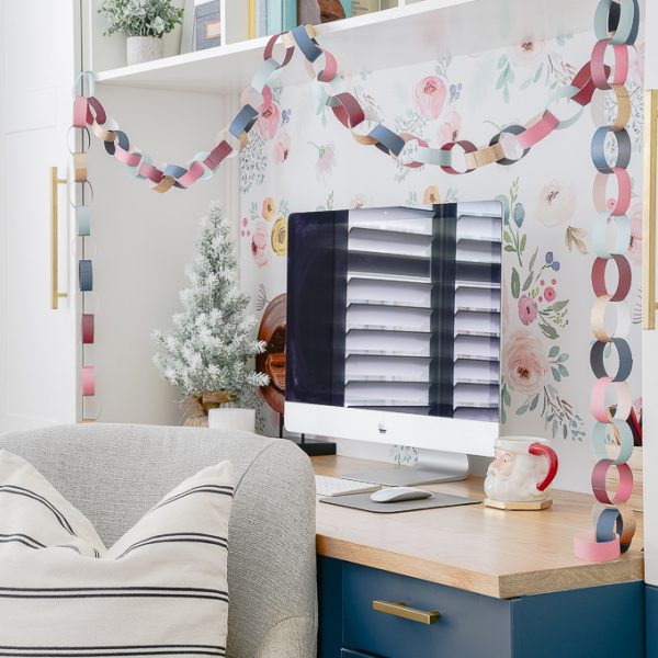 colorful Christmas paper chain on a built in home office desk