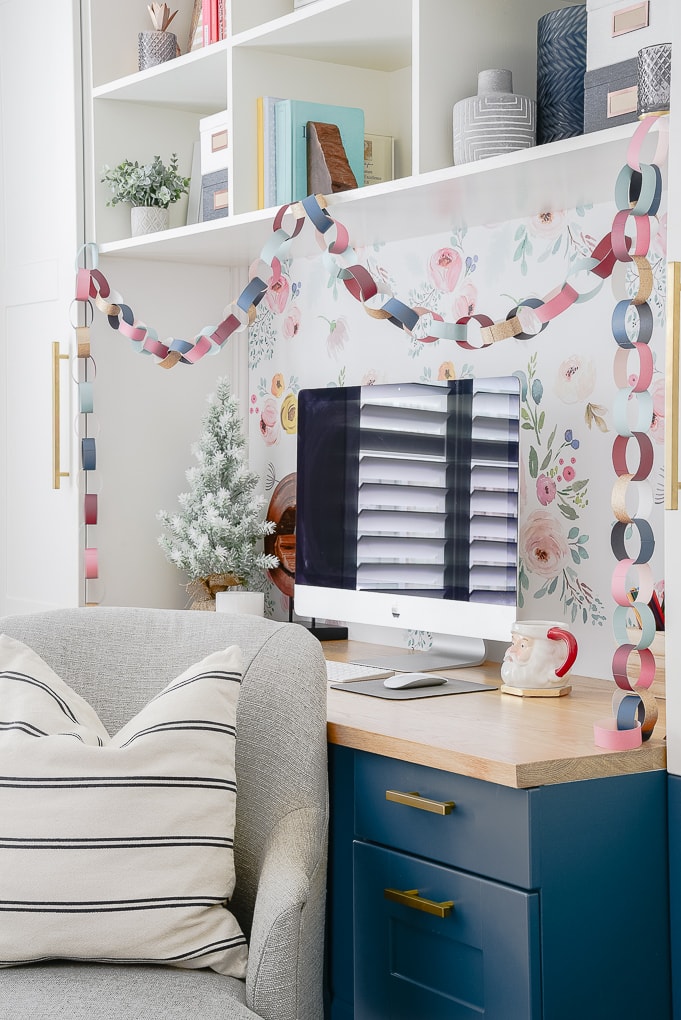 colorful Christmas paper chain on a built in home office desk