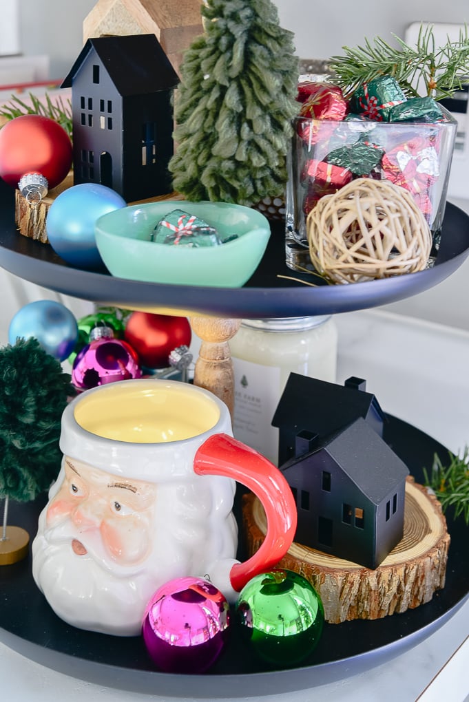 Santa mug on black modern tiered tray decorated for Christmas
