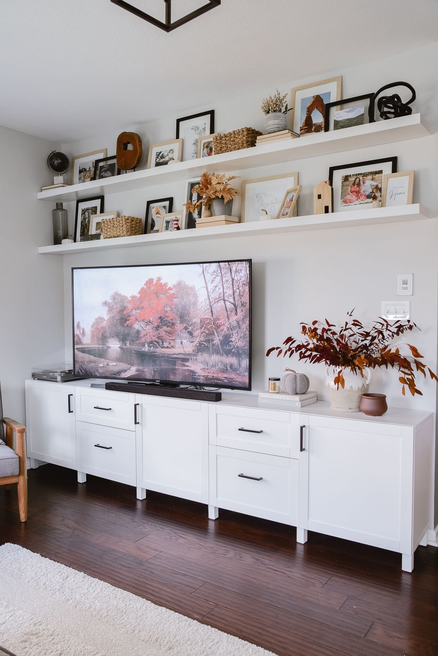TV stand made from IKEA BESTA Cabinets decorated for Fall