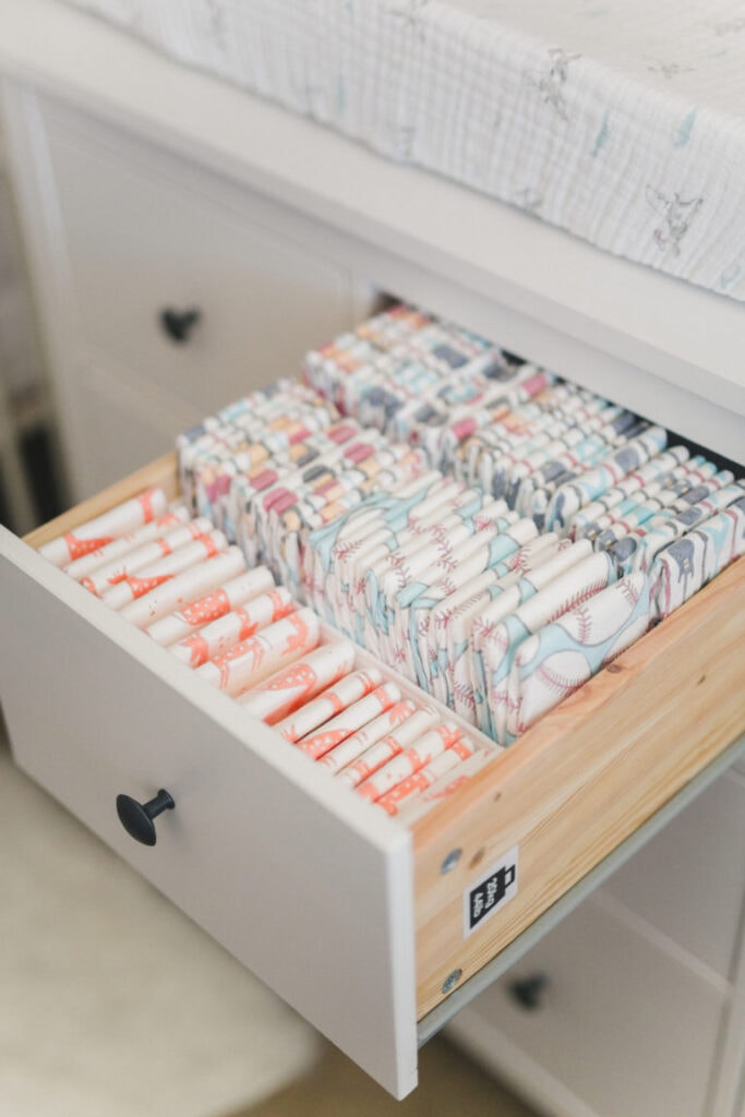 baby diapers organized in drawer