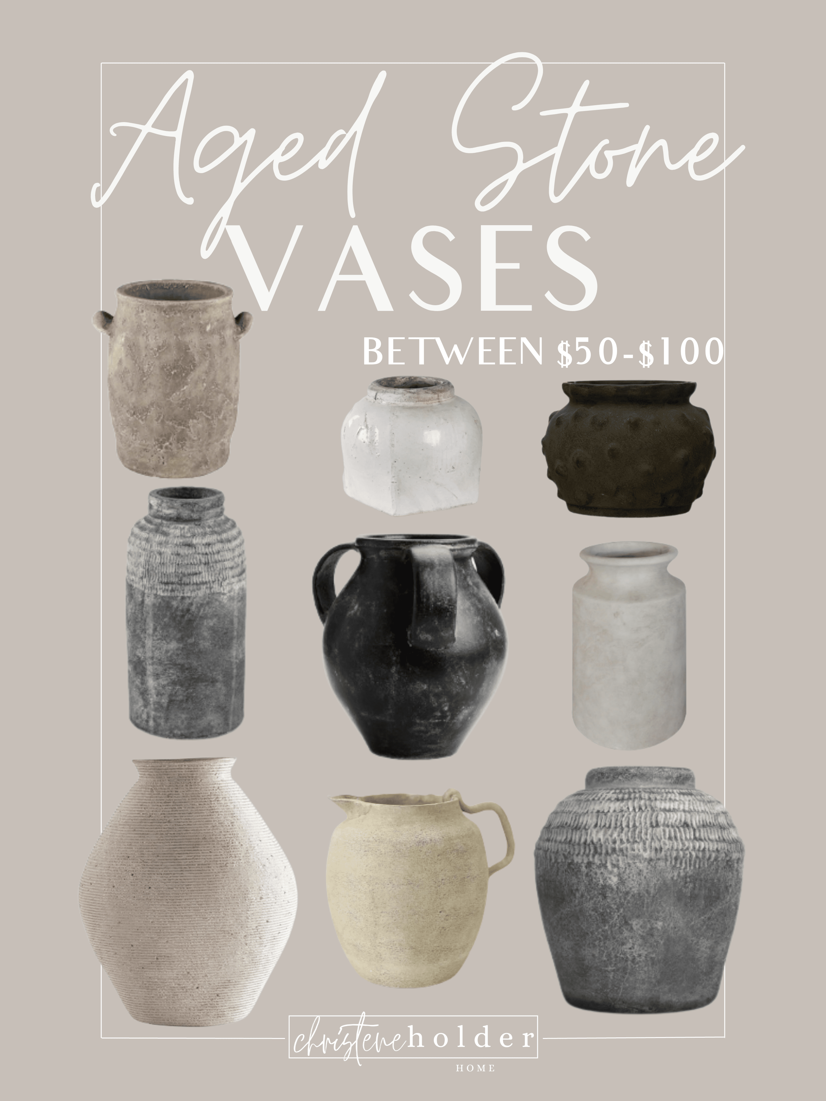 aged stone vases between $50 and $100