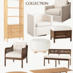A promotional image displaying various pieces of furniture from the Studio McGee Target Spring Collection. It includes a wooden bookshelf with drawers, a cream armchair, a coffee table, an ottoman, a bench, another armchair, a wooden side table, and a dining table.