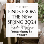 A woman stands next to a couch in a stylish living room. Overlaid text reads, "The Best Finds from the New Spring 2024 Studio McGee Target Collection." A web address, christeneholderhome.com, is at the bottom. Shelves with decor are visible in the background.