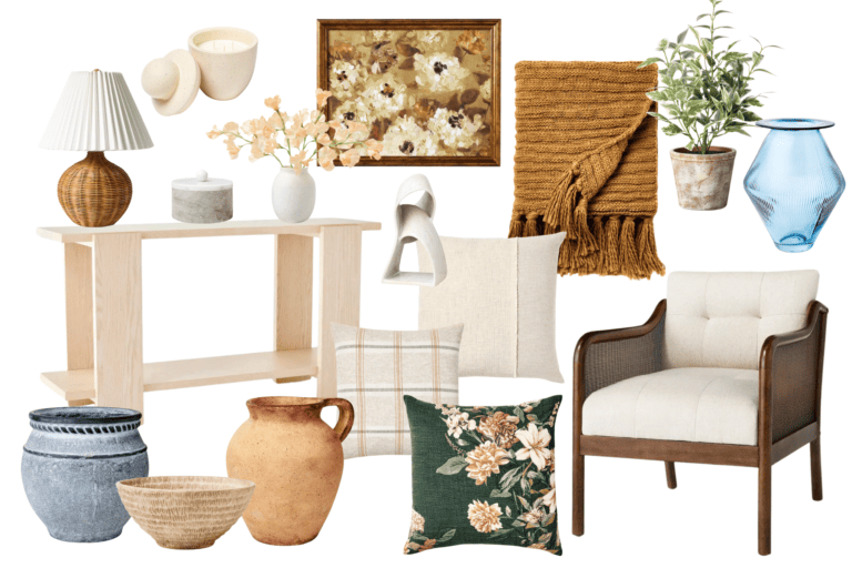 A collection of home decor items from the Studio McGee Target Spring Collection, featuring a wooden bench, armchair, vases, pots, pillows, a throw blanket, candles, ceramic bowls, a lamp, a framed floral painting, and a potted plant. The colors are neutral and earthy with hints of green, blue, and mustard.
