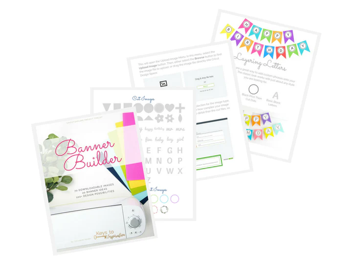 Three pages from a "Banner Builder" kit. The first page displays the cover with colorful text and graphics from Love Your Home Shop. The second page showcases cut-out shapes. The third page contains instructions for layering letters with an image of a banner featuring colorful flags.