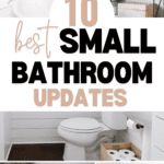 A collage of modern bathroom updates shows a white vanity with a round mirror, a shelf with rolled towels and a plant, a toilet paper holder with magazines, and a bathroom shelf with toiletries. Text overlays read, "10 Best Small Bathroom Updates: How to Decorate Powder Room," with a website at the bottom.